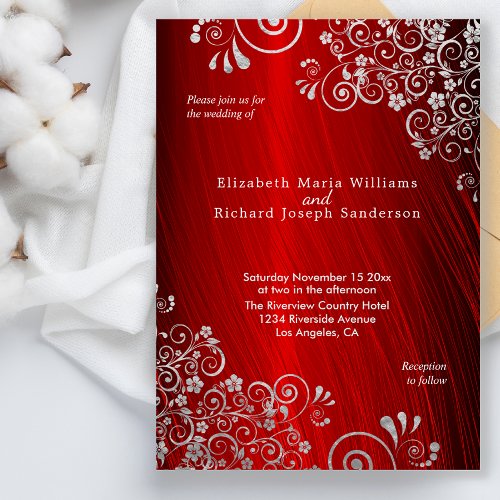 Elegant Ruby Red Silver Gray Swirls Wedding Invitation