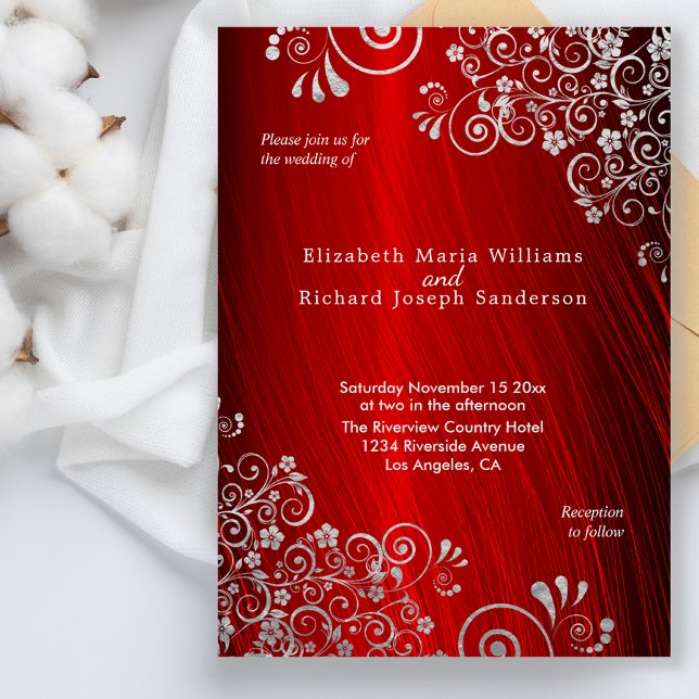 Elegant Ruby Red Silver Gray Swirls Wedding Invitation (Creator Uploaded)