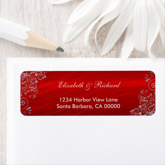 Elegant Ruby Red Silver Gray Swirls wedding Label (Insitu)