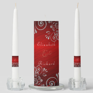 Elegant Ruby Red Silver Gray Swirls Wedding Unity Candle Set