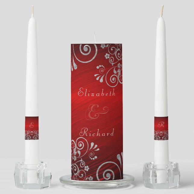 Elegant Ruby Red Silver Gray Swirls Wedding Unity Candle Set (Front)