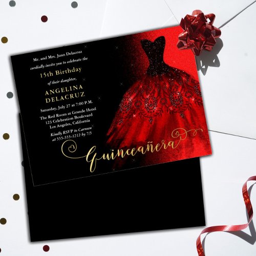 Elegant Ruby Red Spanish Gown Quinceaera _ Gold  Foil Invitation