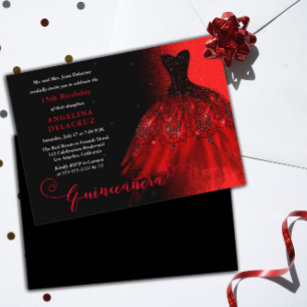 Elegant Ruby Red Spanish Gown Quinceañera  Invitation