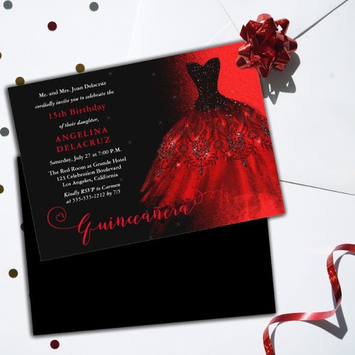 Elegant Ruby Red Spanish Gown Quinceaera  Invitation