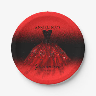 Elegant Ruby Red Spanish Gown Quinceañera Paper P Paper Plates