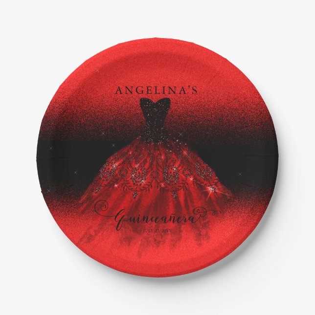 Elegant Ruby Red Spanish Gown Quinceañera  Paper P Plates (Front)