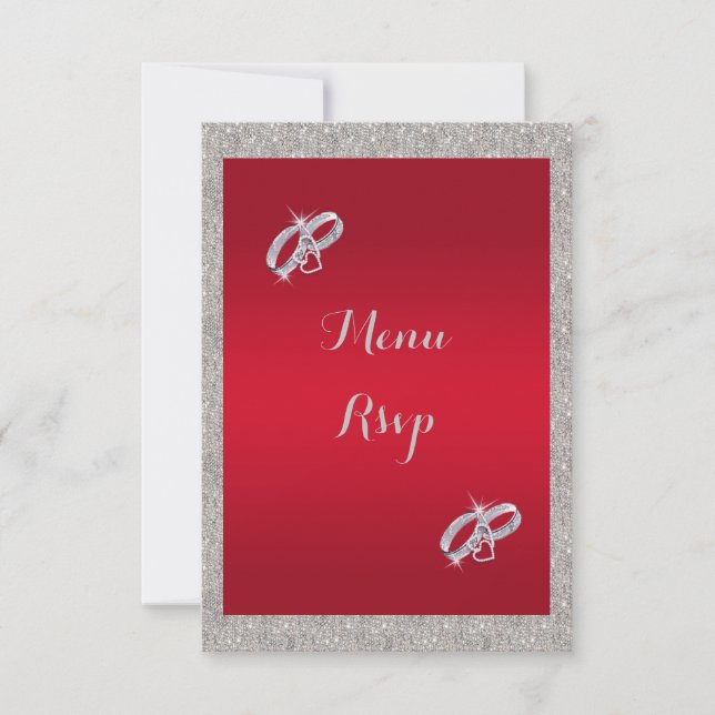 Elegant Ruby Red, Sparkly Silver Ring Wedding Menu (Front)