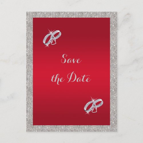 Elegant Ruby Red  Sparkly Silver Rings Wedding Announcement Postcard