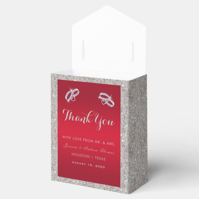 Elegant Ruby Red & Sparkly Silver Rings Wedding Favor Boxes (Opened)