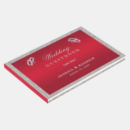 Elegant Ruby Red  Sparkly Silver Rings Wedding Guest Book