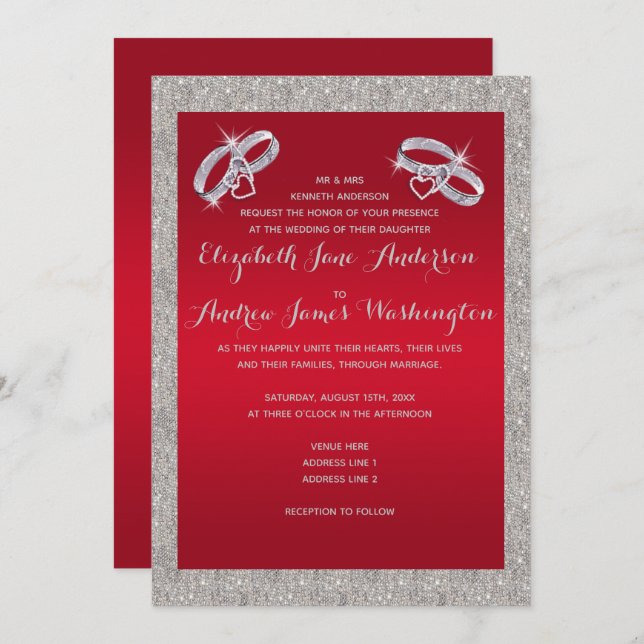 Elegant Ruby Red & Sparkly Silver Rings Wedding Invitation (Front/Back)