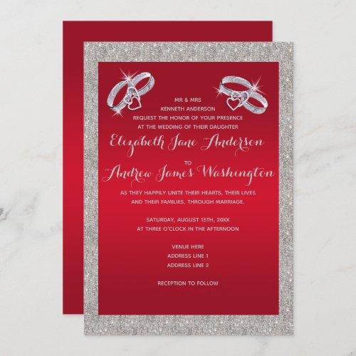 Elegant Ruby Red  Sparkly Silver Rings Wedding Invitation