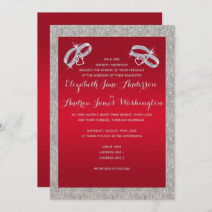 Elegant Ruby Red & Sparkly Silver Rings Wedding Invitation