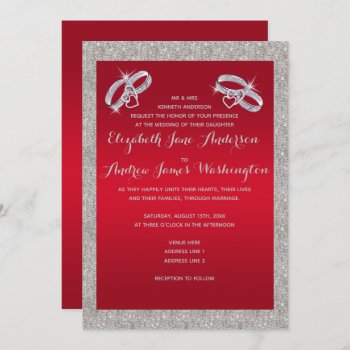 Elegant Ruby Red & Sparkly Silver Rings Wedding Invitation by Sarah_Designs at Zazzle