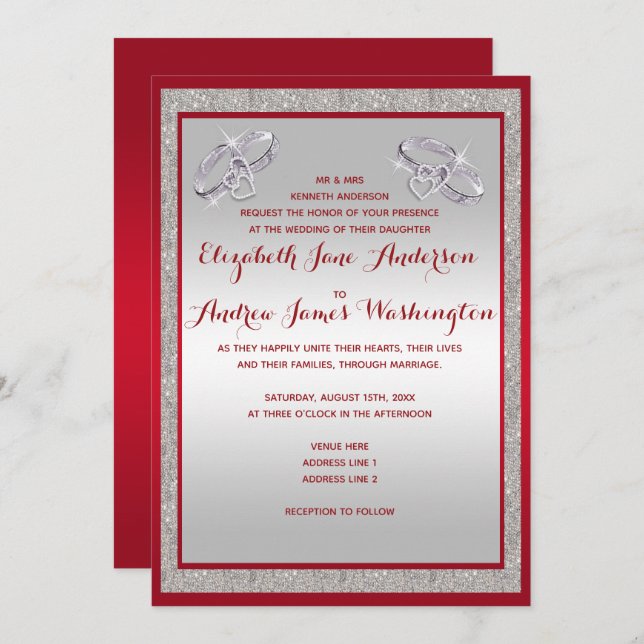 Elegant Ruby Red & Sparkly Silver Rings Wedding Invitation (Front/Back)