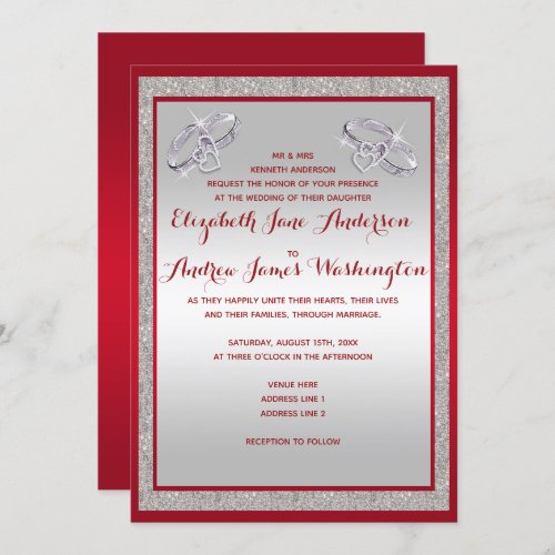 Elegant Ruby Red  Sparkly Silver Rings Wedding Invitation