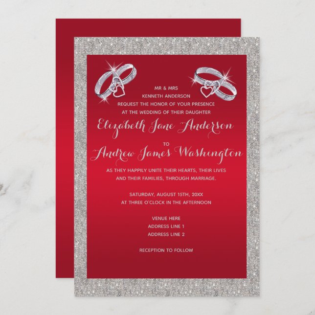Elegant Ruby Red & Sparkly Silver Rings Wedding Invitation (Front/Back)