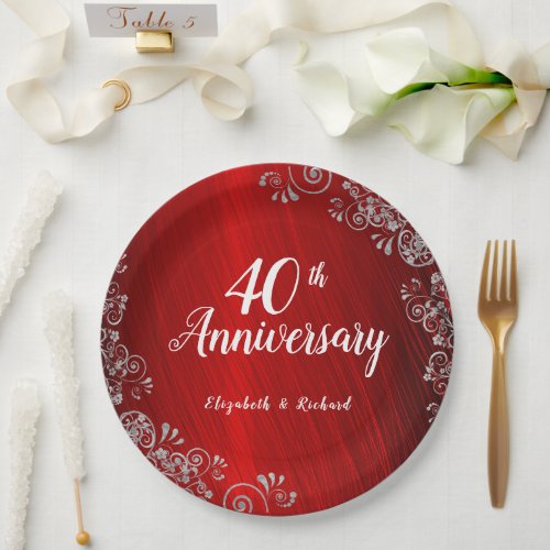 Elegant Ruby Red Swirl 40th Anniversary  Paper Plates