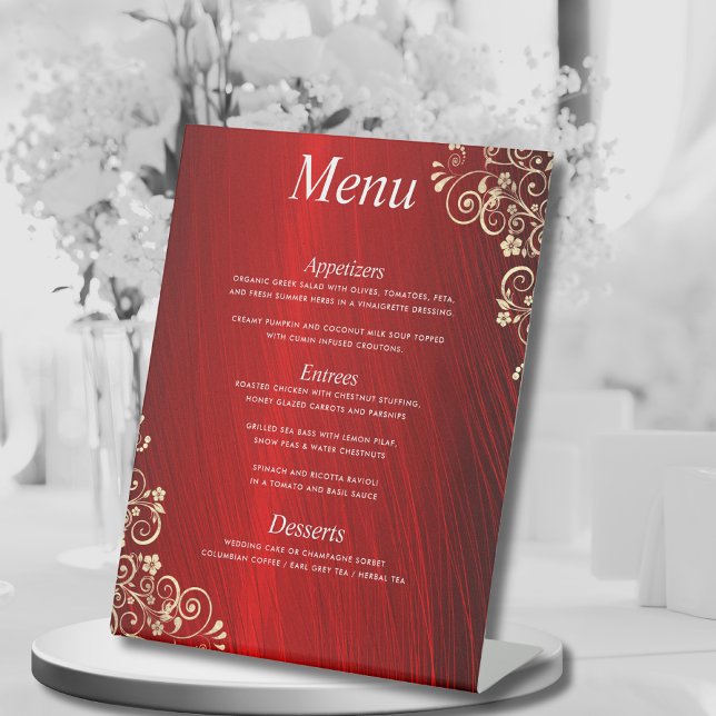 Elegant Ruby Red Three Course Wedding Dinner Menu Pedestal Sign (Creator Uploaded)