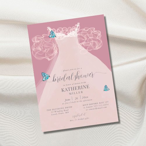 Elegant Ruffle Dress Blue Butterfly Bridal Shower Invitation