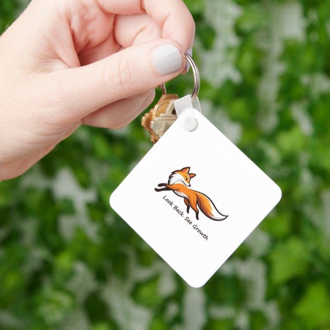 Elegant Running Fox "Look Back.See Growth." Square Keychain (Hand)