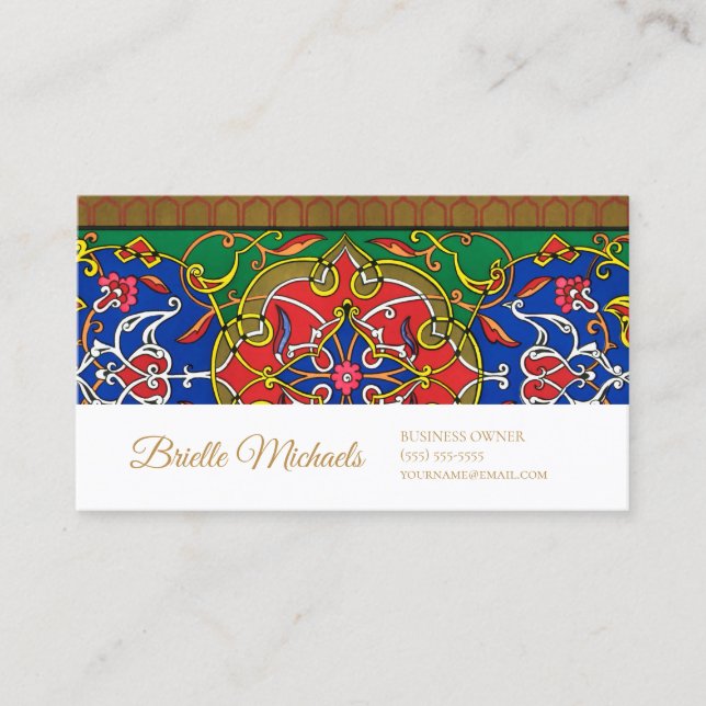 Elegant Russian Ornamental Design With Gold Script Business Card (Front)