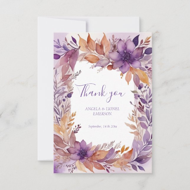 Elegant Rust and Purple Flowers Wedding Thank You Card (Front)