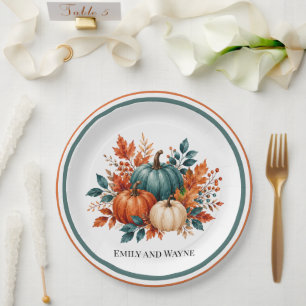 Elegant Rust and Teal Pumpkin Wedding Paper Plates