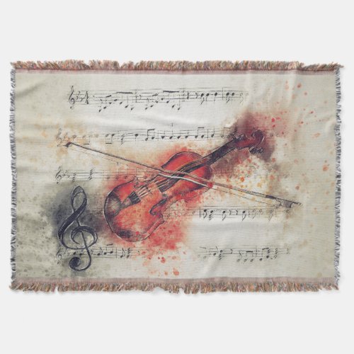 Elegant Rust Black Cream Watercolor Violin Throw Blanket