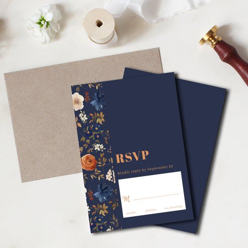 Elegant Rust Blue Dark Boho Floral Wedding RSVP Card
