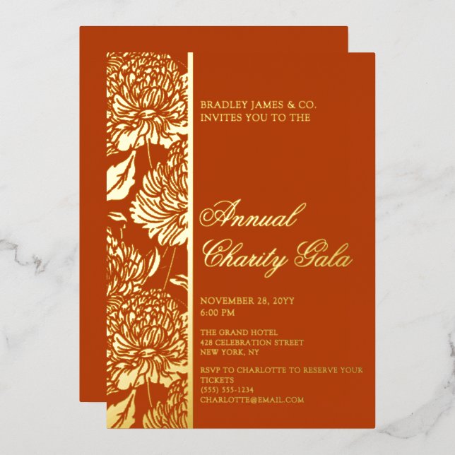 Elegant Rust Botanical Charity Event Gala Party Foil Invitation (Front/Back)
