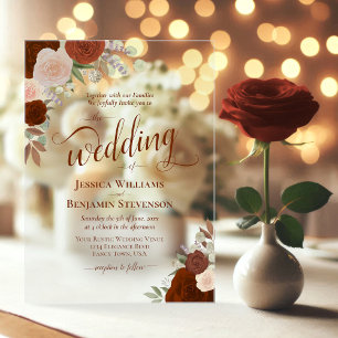 Elegant Rust Burnt Orange Boho Roses Fancy Wedding Acrylic Invitations