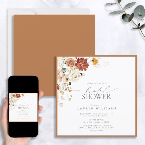 Elegant Rust Burnt Orange Floral Bridal Shower Invitation