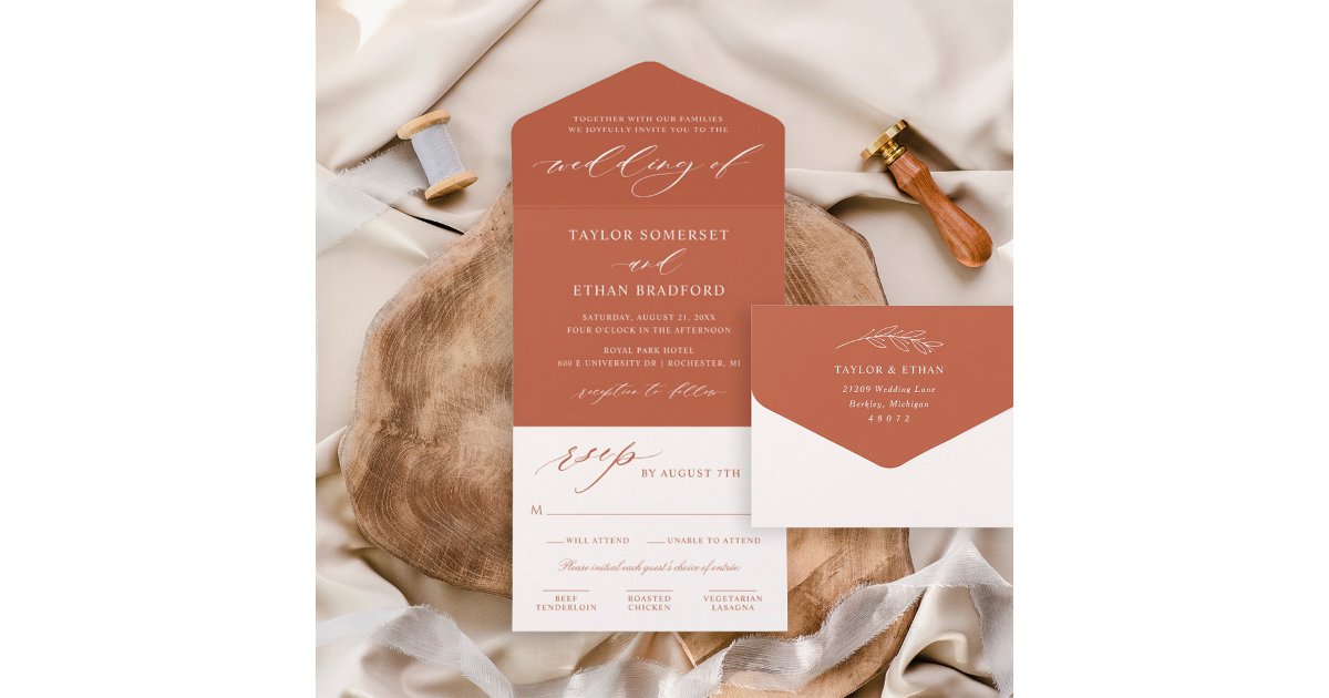 Elegant Rust Calligraphy Script Wedding All In One Invitation | Zazzle