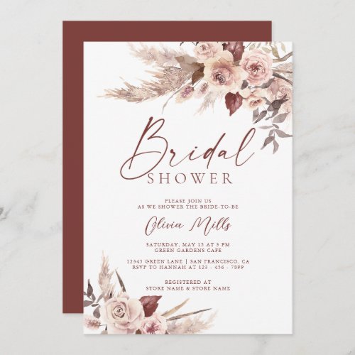 Elegant Rust Champagne Pampas Boho Bridal Shower Invitation