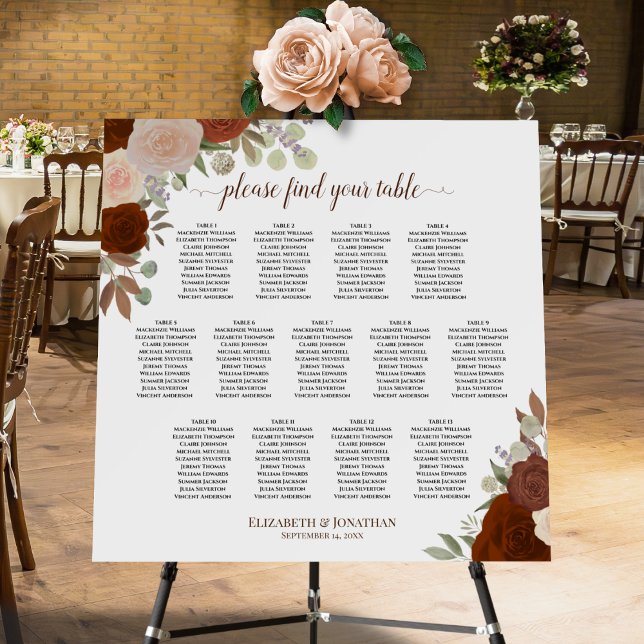 Elegant Rust Floral 13 Table Wedding Seating Chart Foam Board (In Situ at Reception with Flowers)