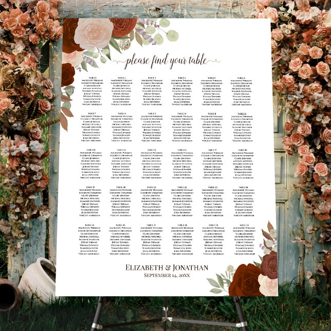 Elegant Rust Floral 30 Table Wedding Seating Chart Foam Board (In Situ on Stand with Flowers)