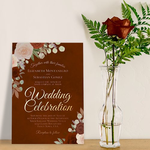 Elegant Rust Floral with Rose Gold Text Wedding Foil Invitation