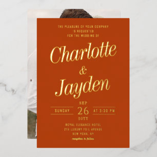 Elegant Rust Foil Script Photo Wedding Invitation