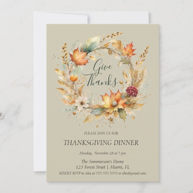 Elegant Rust Foliage Give Thanks Invitation (Front)