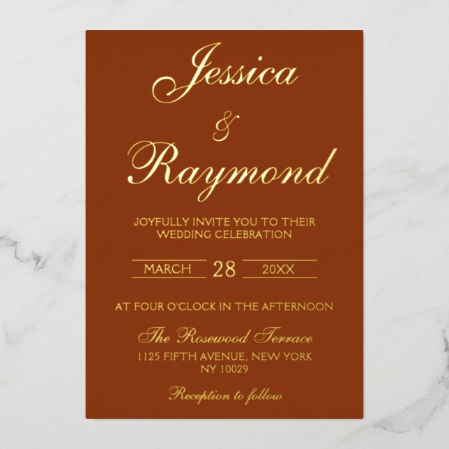 Elegant Rust Orange and Gold Foil Wedding Foil Invitation (Front)