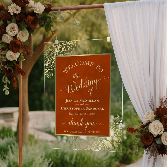 Elegant Rust Orange and Gold Wedding Welcome Acrylic Sign (Creator Uploaded)