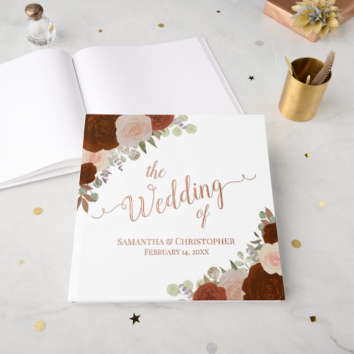 Elegant Rust Orange Boho Roses Foil Wedding Foil Guest Book