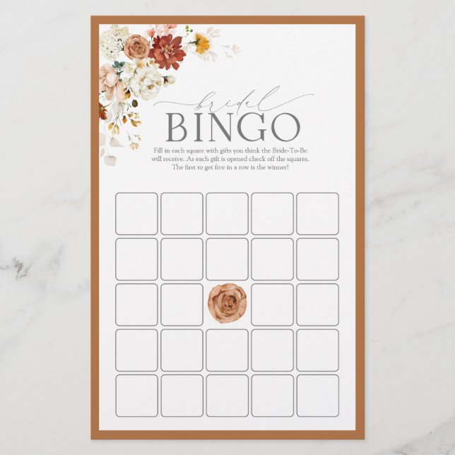 Elegant Rust Orange Floral Bridal Bingo Game (Front)