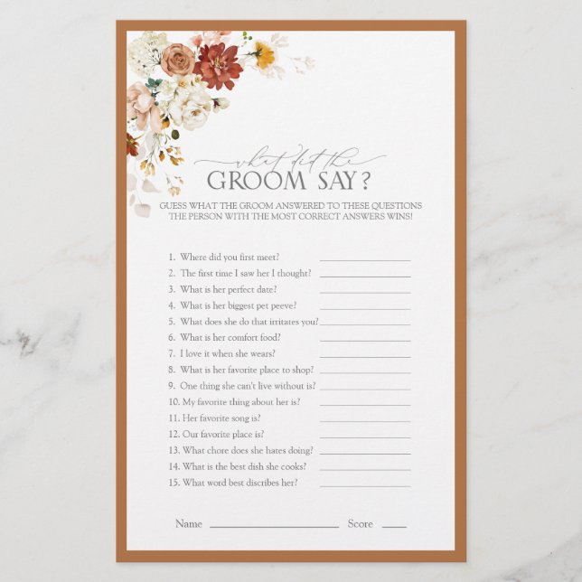 Elegant Rust Orange Floral Bridal Shower Game (Front)