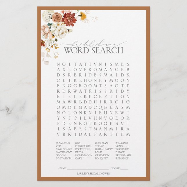 Elegant Rust Orange Floral Bridal Shower Game (Front)