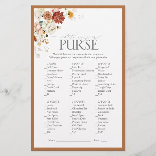 Elegant Rust Orange Floral Bridal Shower Game