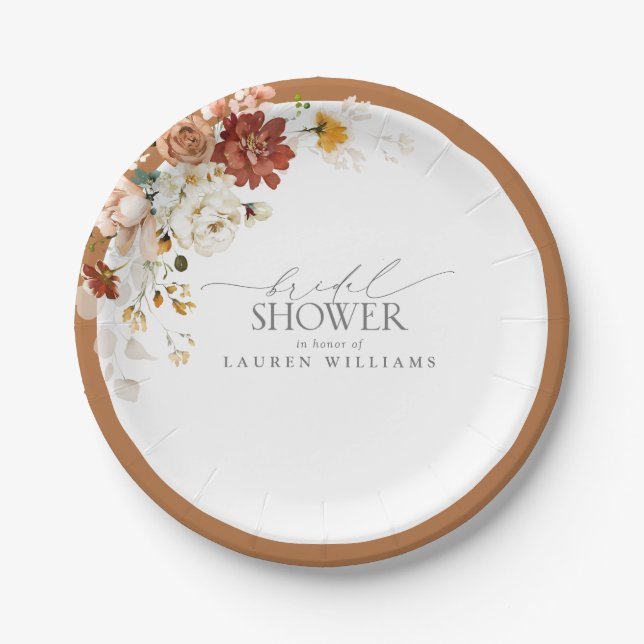 Elegant Rust Orange Floral Bridal Shower Paper Plates (Front)