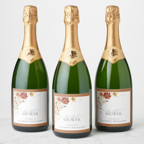 Elegant Rust Orange Floral Bridal Shower Sparkling Wine Label