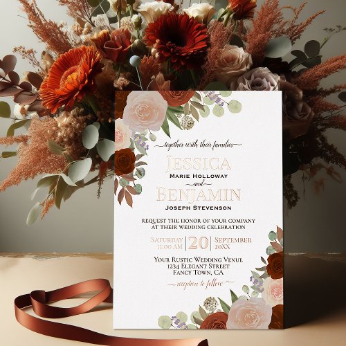 Elegant Rust Orange Floral with Rose Gold Wedding Foil Invitation